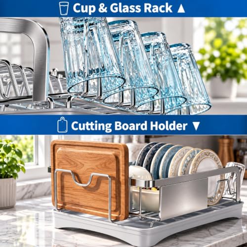 Godboat Dish Drying Rack - Silver Stainless Steel Kitchen Counter Organizer