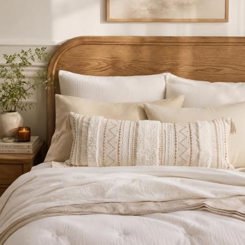 Beige 36x14 Lumbar Pillow Cover for Bed, Rectangular Decorative Throw Cushion - Boho Tufted Tassels (Pack of 1)