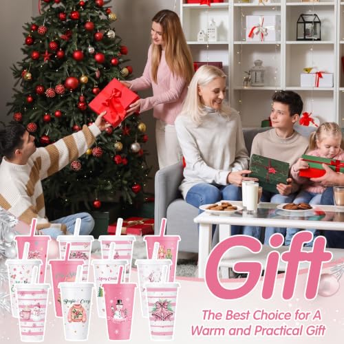 Feifeiya 72 Pcs Pink Christmas Cups Gift Set with Lids & Straws, 24 Notebooks & Pens, Snowmen & Stars
