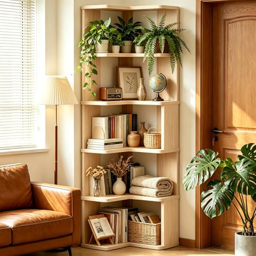 Brown 6-Tier L-Shaped Corner Bookshelf with Bookends - Modern Storage