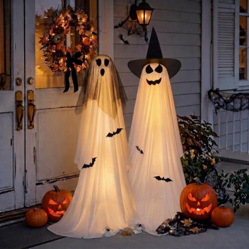 Minetom 2 Pack 5 FT Halloween Ghost Decorations with Lights & Veil-Witch Hat Variation