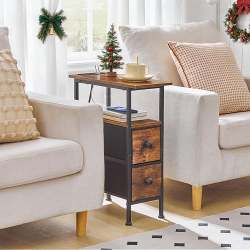 HOOBRO Rustic Brown & Black Narrow End Table with Charging Station - 7.8"L x 18.9"W x 23.6"H, 2 Drawers, Slim Nightstand for Small Spaces