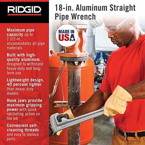 RIDGID 31100 Model 818 18-inch Aluminum Straight Pipe Wrench – Lightweight Plumbing Tool
