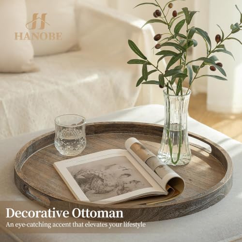 Hanobe 22-Inch Wooden Decorative Ottoman Tray with Handles for Living Room
