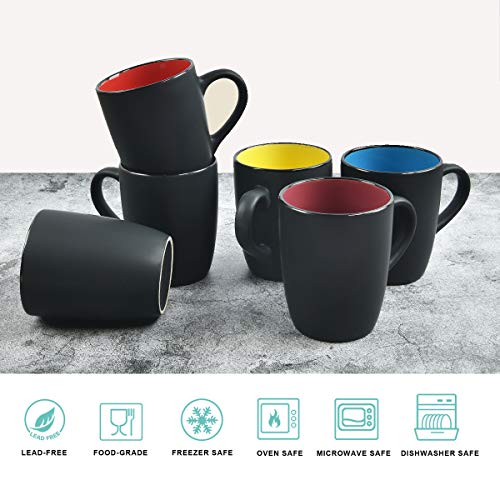 Lifecapido 6-Pack 16oz Black Ceramic Mugs – 16 oz Each, Set with Black Exterior, Inner Color Variation Included