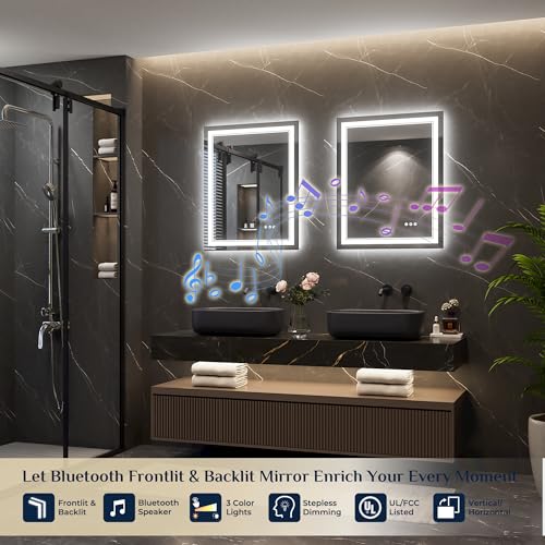 24x30 Inch LED Bathroom Mirror with Lights, Bluetooth Speaker, Front & Backlit - Variation of 30"L x 24"W