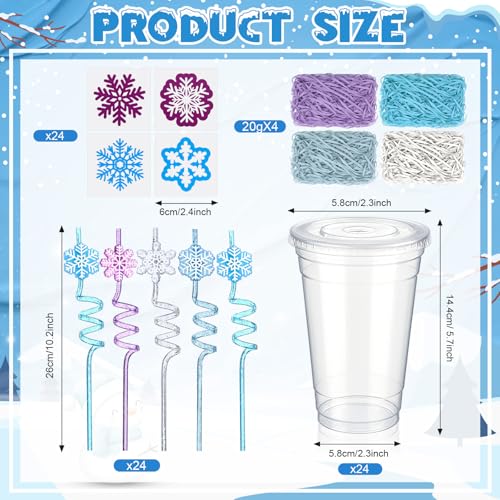 Vesici 124-Piece Snowflake Party Cups Kit with Lids, Straws, Stickers & Raffia – Blue/White Snowflake Theme, 24 Sets
