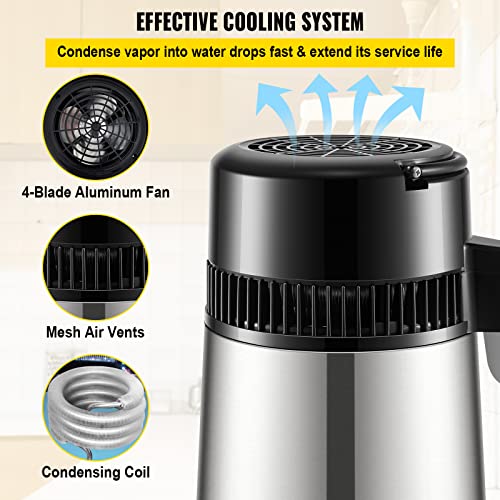 Water Distiller with Timing & Dual Temperature Display - 304 Stainless Steel, 0.3 Gal/H, 1.1 Gal Capacity, Glass Carafe, 3 Carbon Bags