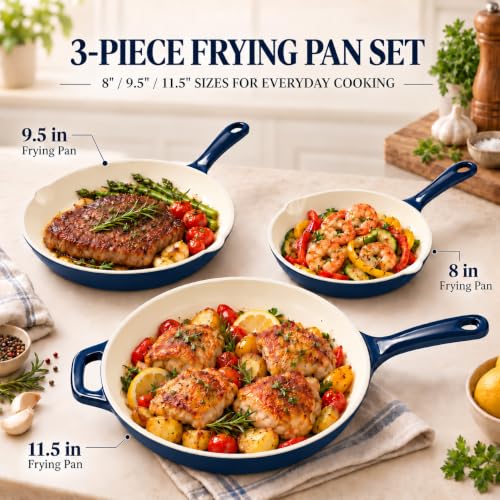 Hisencn Navy Blue 3-Piece Enamel Cast Iron Skillet Set - Nonstick Cookware