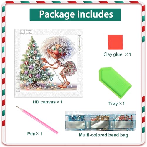 Grandma Christmas Tree 5D Diamond Art Kit for Beginners – 12x12 in Crystal Rhinestones
