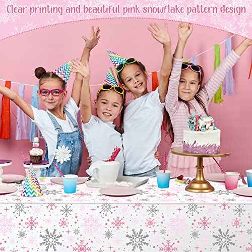 Jecery 3 Pcs Winter Snowflake Tablecloth Birthday Party Decorations Winter Snowflake Wonderland Plastic Table Cover Cloth for Kid Girl Birthday Baby Shower Party Supplies (Pink)