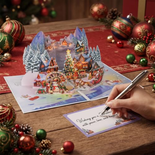Pop Up Christmas Cards, 3D Snowy Forest Town Cards with Lights and