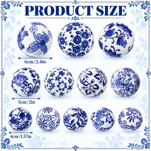 Blue & White Chinoiserie Ceramic Christmas Ornament Balls Set 12 Pcs 2.36in