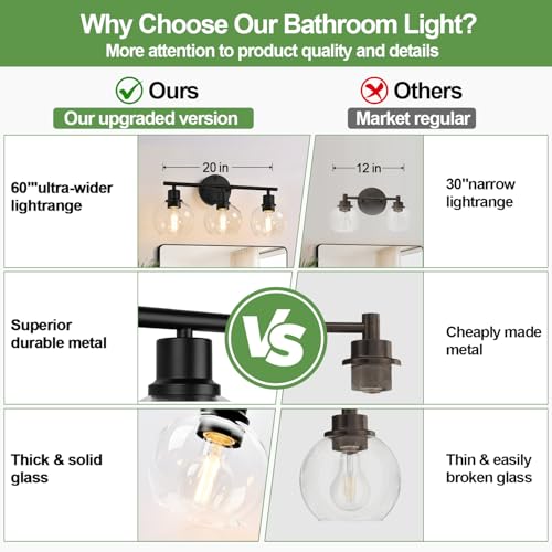 Indoi 3-Light Bathroom Vanity Light Fixture - Matte Black with Clear Glass Globes, Up & Down Mounting
