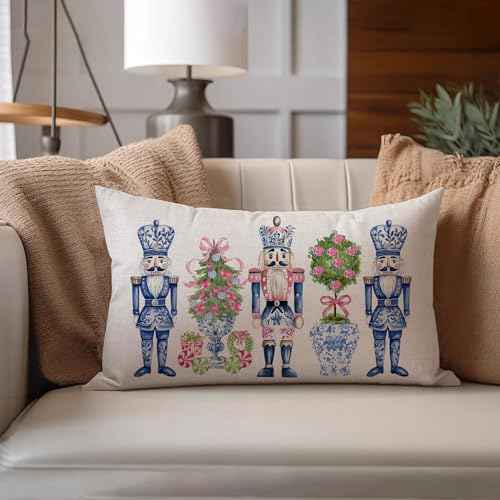 Merry Christmas Throw Pillow Cover 12x20 Inch Chinoiserie Nutcracker Christmas Decor Winter Holiday Party Cushion Case Decoration for Sofa Couch