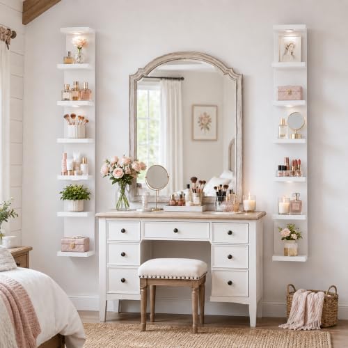 TFK 7 Tier White Floating Wall Shelf with LED Lights - Tall Display Storage