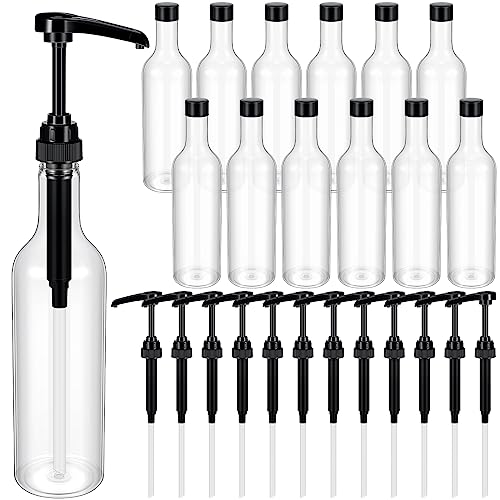 Black 12 Pack 25 oz Plastic Syrup Bottles with Pump Dispenser - Home Bar