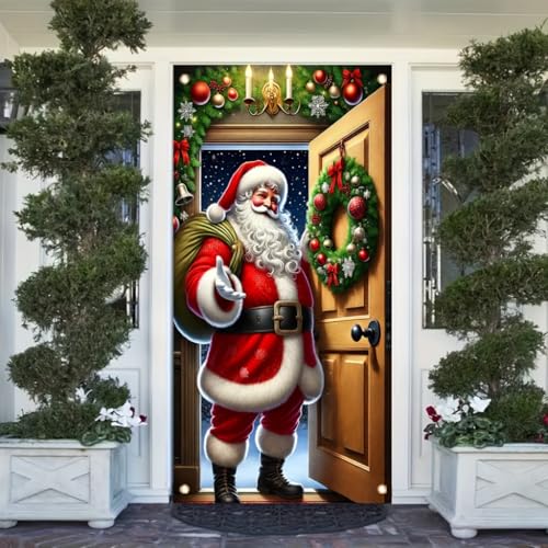 Festive Santa Welcome Christmas Banner 71x35 Inch Holiday Door Backdrop Outdoor Yard Decor