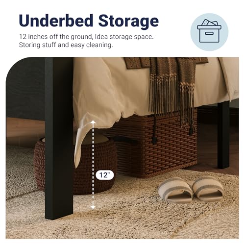 Allewie Twin Size Bed Frame with Metal Slats - Heavy Duty Support, Rustic Black Oak