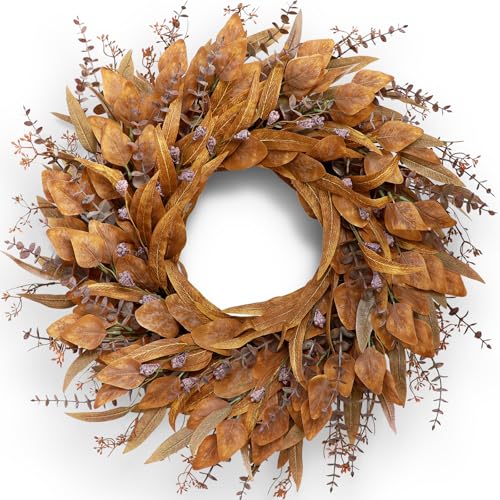YXZZWL 26-Inch Artificial Fall Eucalyptus Wreath with Seeds for Front Door (Orange) - Fall Decor