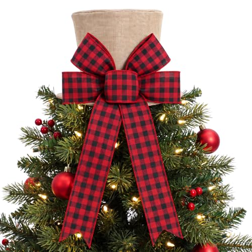 Syhood Christmas Tree Topper Hat – Large Checkered Red & Black Buffalo Plaid Bow, 7.5"H 10"W
