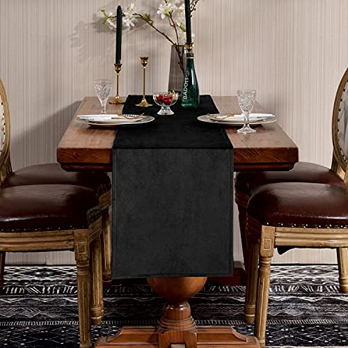 SEASHORE TREE Black Velvet Table Runner 14x118 inch Washable Elegant Fabric