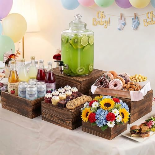 OINETRK Brown 8-Piece Multi-Size Wooden Buffet Risers Set for Catering & Events