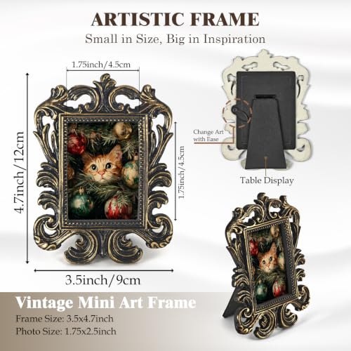 Vintage Christmas Cat Ornament Tree Small Picture Frame Baroque