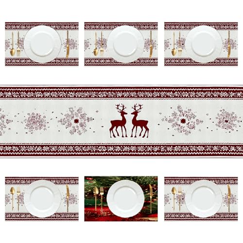 FOREVER QUEEN 7-Piece Christmas Table Runner & Placemats Set Reindeer Snowflakes