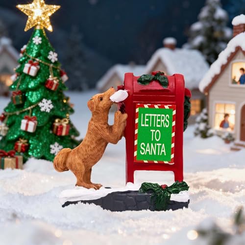 Decorative Christmas Village Accessories for Collection, Resin Mailbox Dog Animal Ornament, 2.4 Inch Christmas Village Figurines, Cute Doggy Statues Decor Indoor (Red)