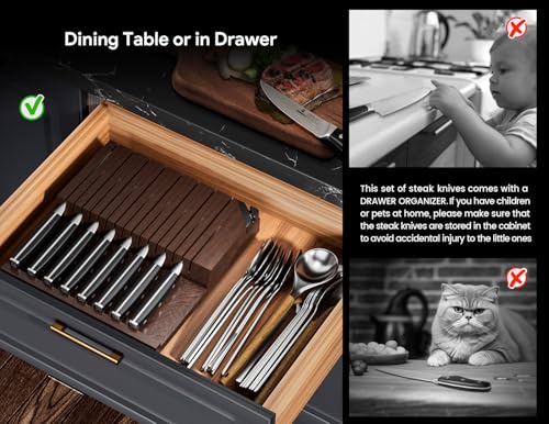Piklohas Steak Knives Set of 8 with Drawer Organizer & Built-in Sharpener - Premium Cutlery