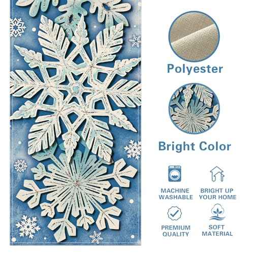 Winter Snowflake Blue Table Runner, Christmas Snow Kitchen Dining Table Decoration, Seasonal Burlap Indoor Outdoor Home Decor Party Supply 13 x 72 Inches