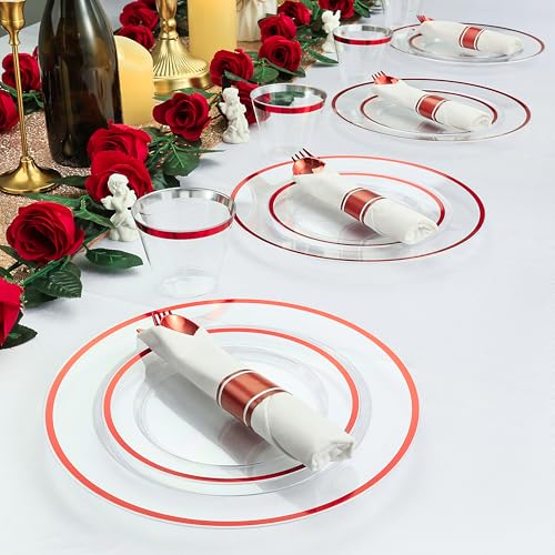 50PC Red Pre-Rolled Plastic Cutlery Set with Napkins (Forks, Knives, Spoons) - Wrapped