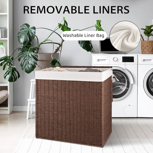 OIAHOMY Brown 110L Wicker Laundry Hamper with Lid & Washable Liner