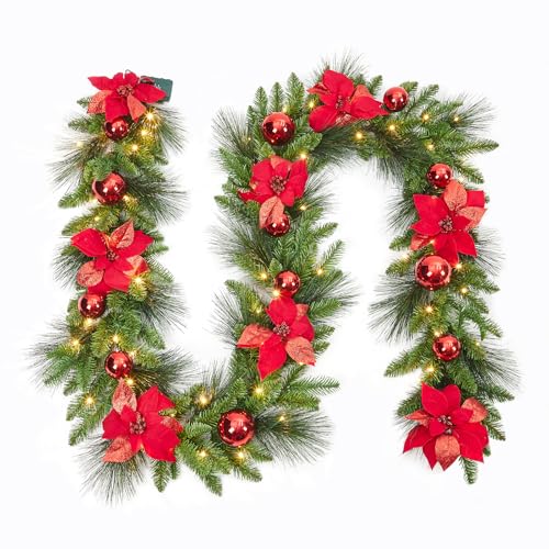 Garvee 9 ft Red Pre-Lit Christmas Garland with LED Lights - Indoor/Outdoor Cypress Leaves & Flower Accents