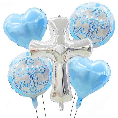 5Pcs Silver Cross Balloon Jumbo Baptism/First Communion Baptism Party Decor For Boys&Girls/Shiny Heart/Birthday Wedding Christmas Communion Christening Religious Balloon