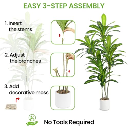 Artificial Dracaena Tree with White Planter - 5ft Tall Faux Indoor Plant