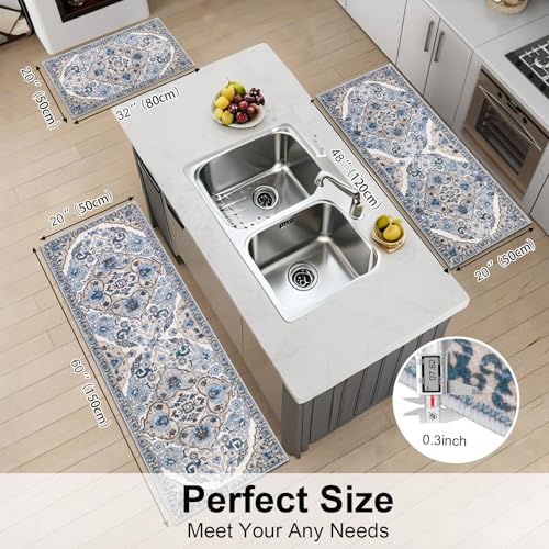 HEBE Boho Kitchen Rugs Set of 3 - Non Slip Washable Floor Mats, Blue, 20x32/48/59 inches