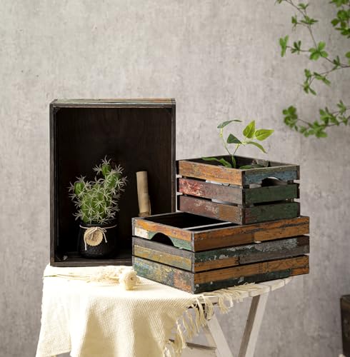 Set of 3 Rustic Wooden Nesting Crates - Farmhouse Decorative Storage Baskets - Random Variation