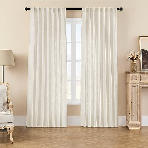 Joydeco Linen Curtains 2 Panel Set - Ivory on Linen, 100W x 84L Inches, Light Filtering, Rod Pocket Back Tab, Cream Drapes for Living Room, Pack of 2