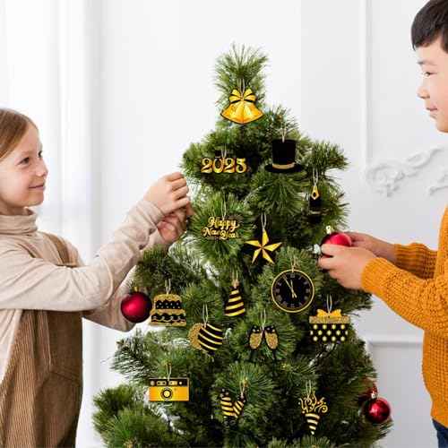 Haooryx 2026 New Year Ornaments - 46PCS 2026 Happy New Year Christmas Winter Ornament Decorations Black Gold Wooden Hanging Slices Pendants Ropes Countdown Carnival Party Xmas Tree Home Decor Supplie