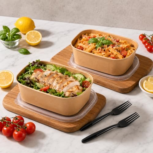 29oz Disposable Kraft Paper Meal Prep Containers with Lids & Forks — 50 Pack