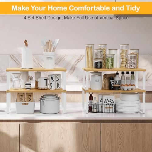 Large Kitchen Counter Shelf Organizer Set of 4 - 15.7 Inch Wood Storage Shelves, Expandable & Stackable, White & Natural Beige Variation