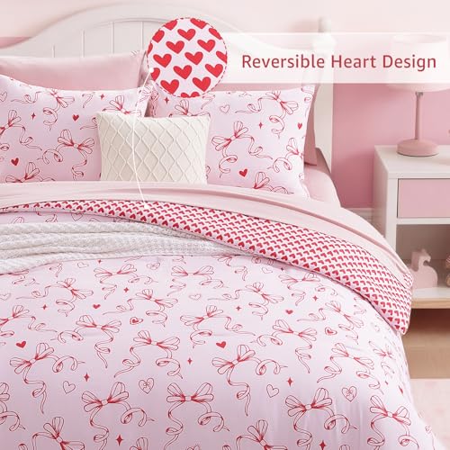 AMBERSPACE Red Bow & Heart Full Comforter Set for Girls - 7 Pieces, Aesthetic Bed in a Bag