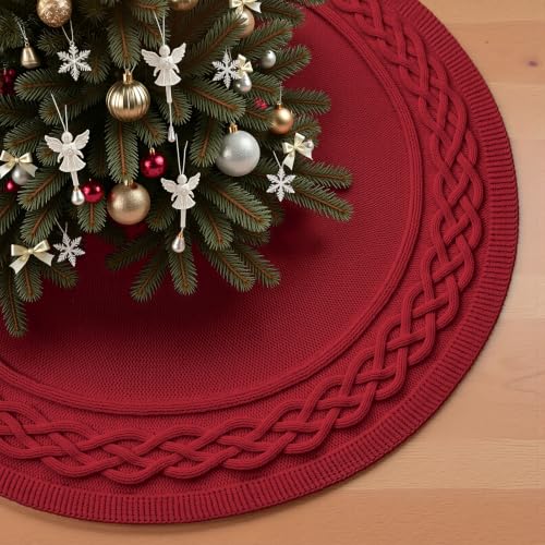 VOXOR Burgundy 60 Inch Knitted Christmas Tree Skirt with Bow Closure - Large Farmhouse Holiday Decor for 9-10 Feet Trees