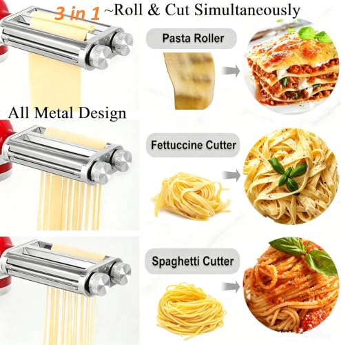 3-in-1 Metal Pasta Maker Attachment for KitchenAid Mixers - Dough Rolling & Noodle Cutting