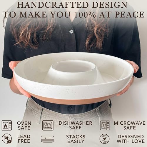Mora Ceramic Chips and Dip Serving Tray Vanilla White - Large Divided Party Bowl Set