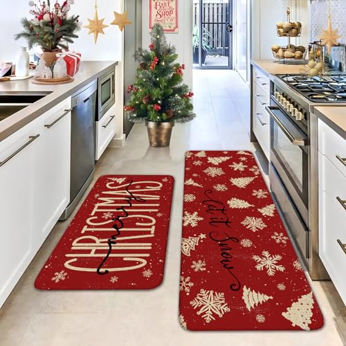 Christmas Kitchen Rugs Set of 2 17x30 & 17x47 Linen Non-Slip Mats | Merry Christmas & Let It Snow