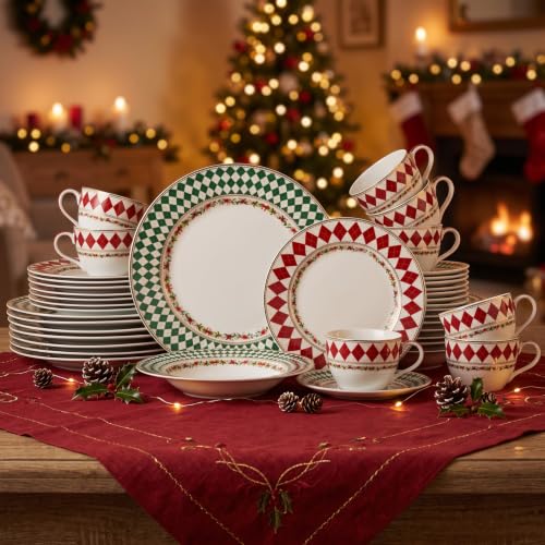 Christmas Argyle Gold Trim Porcelain Dinnerware Set 40-Piece for 8 - Roeveca