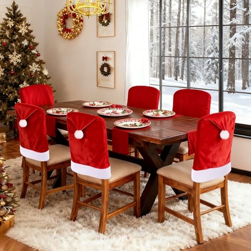 4pcs Christmas Chair Covers Set Red and White Santa Hat Chair Covers Set Christmas Dining Chair Back Covers for Xmas Holiday Party New Year Dinning Room Decoration
